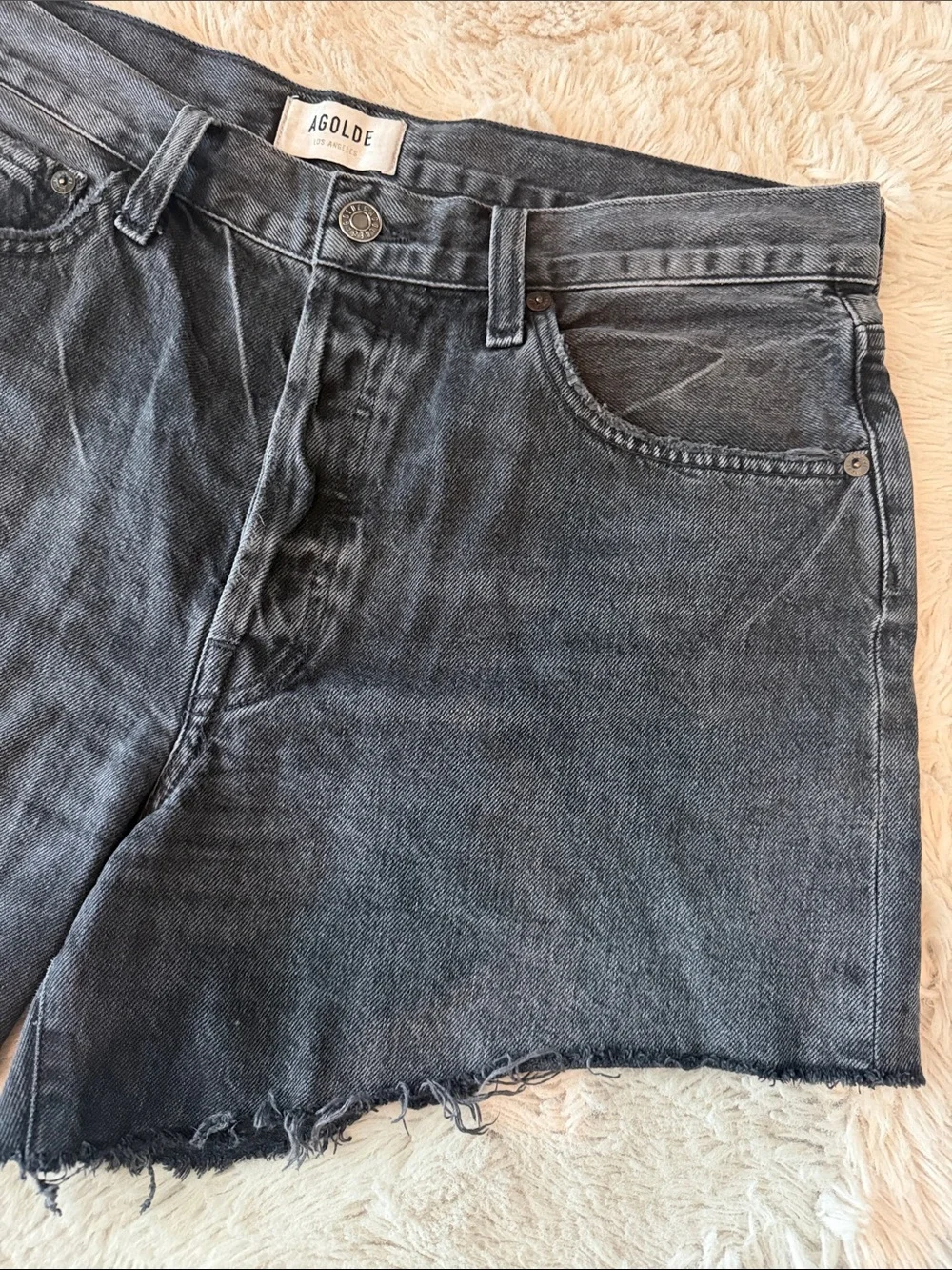 Agolde Parker long washed Black High-Rise Raw Hem Denim Shorts